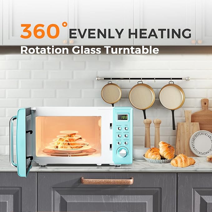 LDAILY 0.7Cu.ft Retro Small Microwave Oven, 700W Compact Countertop Microwave with 5 Power Levels, Auto Cooking Menus, Glass Turntable, Child Lock & Glass Turntable for Apartment, Dorm (Green)