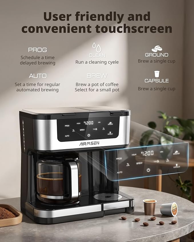 AIRMSEN 12-Cup Programmable Dual Coffee Maker – Single Serve Machine for K-Cup Pods & Ground, 1000W Fast Brew, Delay Start, 2H Keep Warm, Touchscreen, 60oz Tank, Glass Carafe – Home & Office