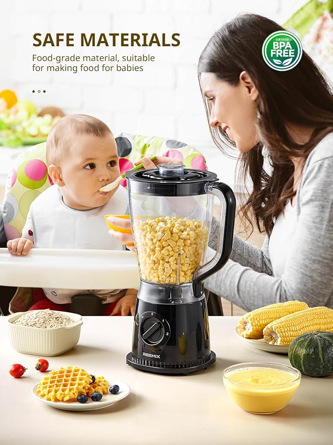 Reemix Blender, 50oz Countertop Blender - 2 Adjustable Speeds + Pulse, Dual Safety Locks, Dishwasher-Safe Pitcher for Smoothies, Crushing Ice & Family Meals