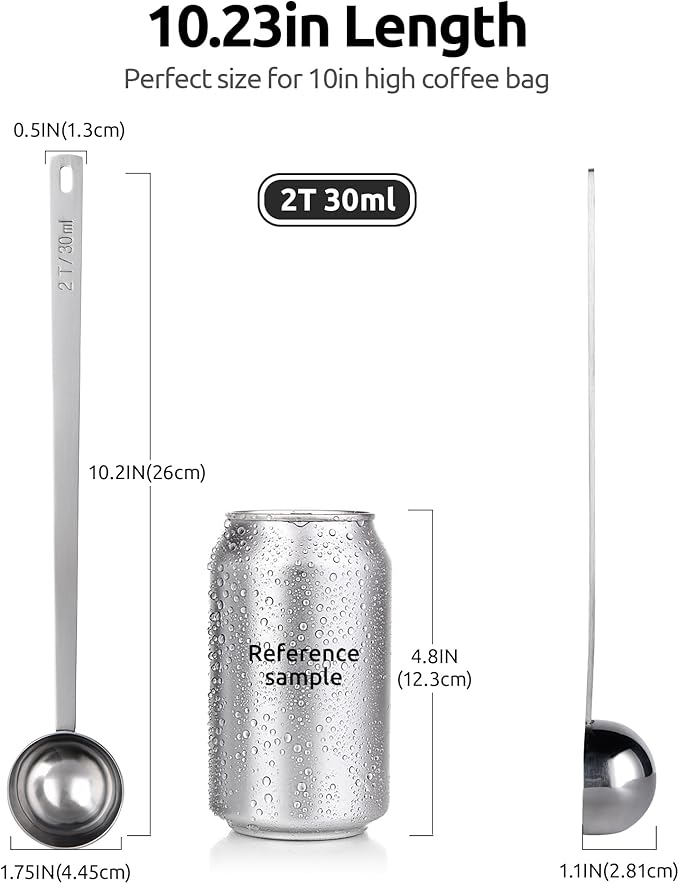U-Taste Coffee Scoop 2 Tablespoon: 18/8 Stainless Steel Measuring Scooper for Ground Coffee, Bean, Powder, Espresso, 8.5in Extra Long Handle Metal Meaure Spoon for Canister, Jar (2Tbsp/30ml, Silver)