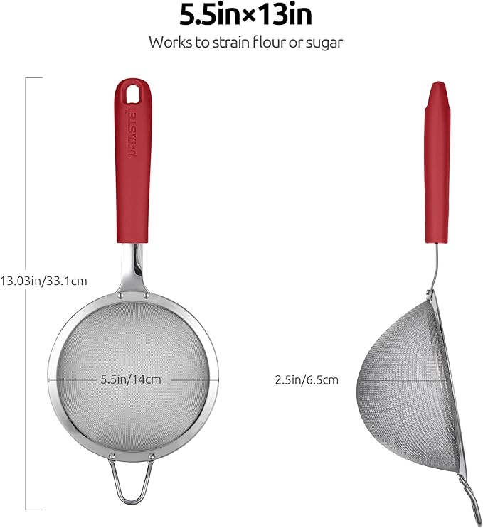18/8 Stainless Steel Mesh Strainer: U-Taste 5.5 Inch Kitchen Fine Mesh Sieve Food Colander with Riveted Sturdy Silicone Handle and 30 Mesh Hole for Straining Flour, Pasta, Fruit, Quinoa (Red)