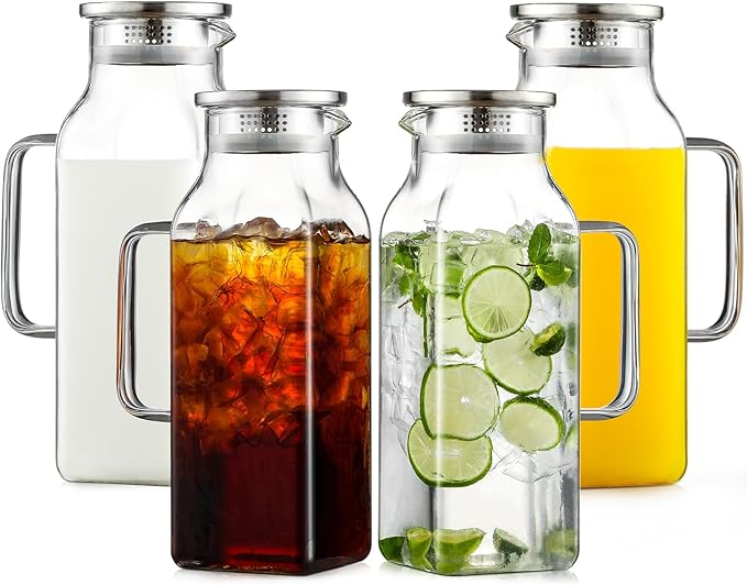Netany 4 Pack 2 Liters/68 oz Square Glass Pitcher with Lid and Handle for Fridge, Iced Tea and Coffee Carafe Beverage Serveware, Heat Resistant Borosilicate Water Jug for Hot/Cold Drinks and Milk