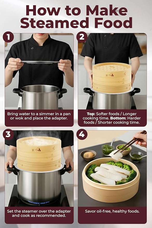 Prime Home Direct Bamboo Steamer Basket 8-Inch | 2-Tier Steamer for Cooking | 50 Liners | Small Instant Steaming Cookware Asian Food, Bao Buns, Chinese, Dim Sum, Dumpling, Rice, Vegetable Steam Pot
