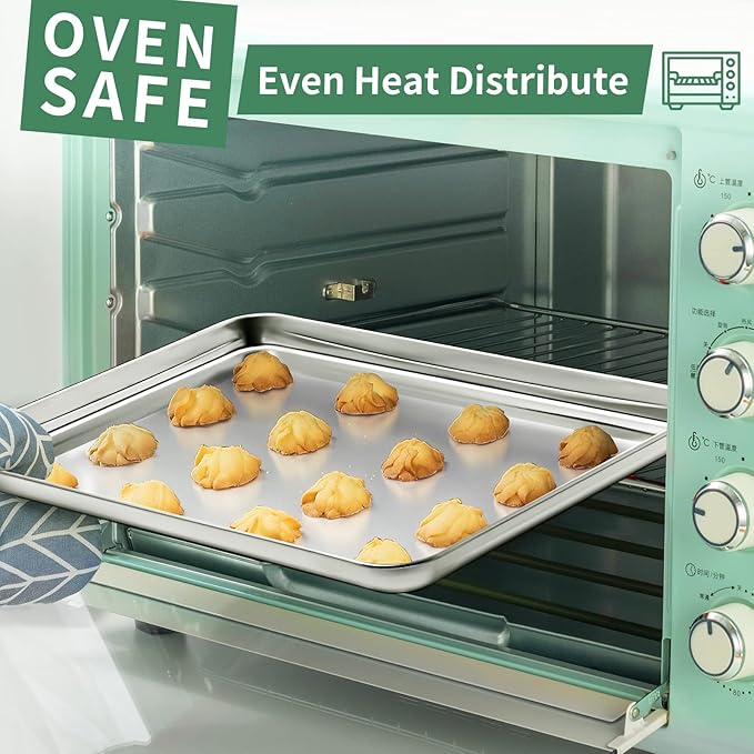 Baking Sheets Set of 2, HKJ Chef Cookie Sheets 2 Pieces Stainless Steel Baking Pans & Toaster Oven Tray Pans, Rectangle Size 20L x 14W x 1H inch & Non Toxic & Healthy & Easy Clean