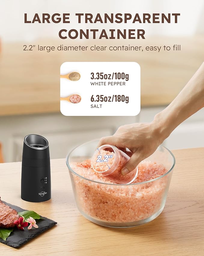 Sangcon 2-Speed Gravity Electric Salt and Pepper Grinder Set RECHARGEABLE, Automatic Salt Pepper Shakers with Charging Base - LED Light One Hand Operated, External Adjustable Coarseness Pepper Mill