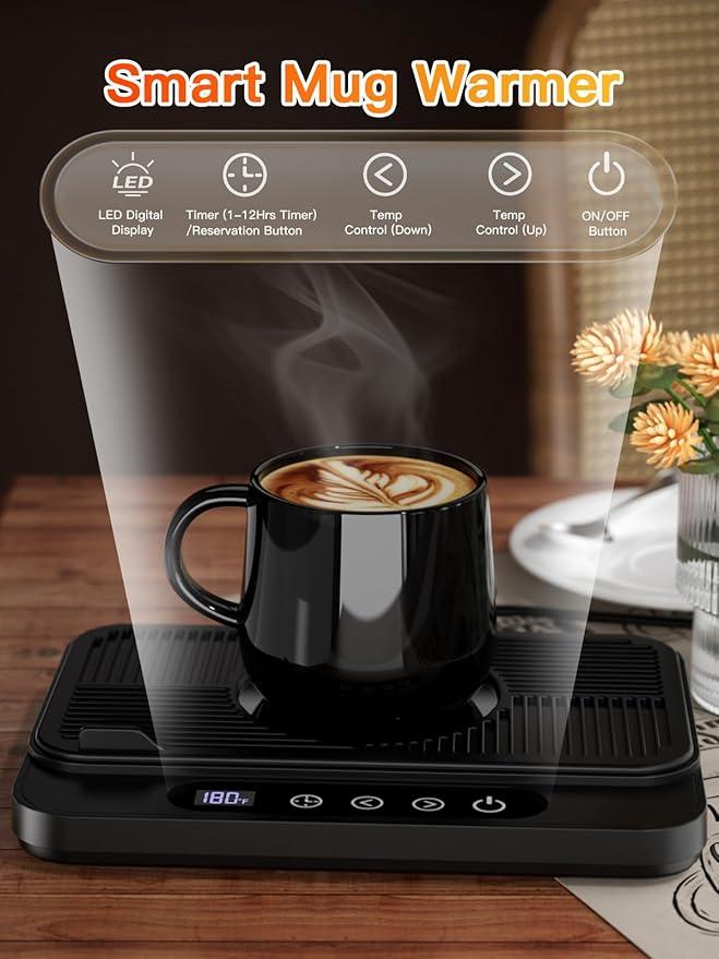 Misby Coffee Mug Warmer, 50W Large Heating Panel Mug Warmer with 6-Temp Settings, 8H Auto Shut-Off, 12H Timer, Ultra-Thin Design, Coffee Warmer for Desk, Ideal for Home, Office, and Travel (Black)