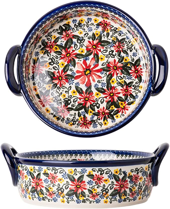 Red Daisy Flower Vintage Style Ceramic Bakeware Casserole Dish Baking Pan Lasagna Pans Baking Dish with Handles for Oven/Cooking/Kitchen-1 PCS, 32 OZ