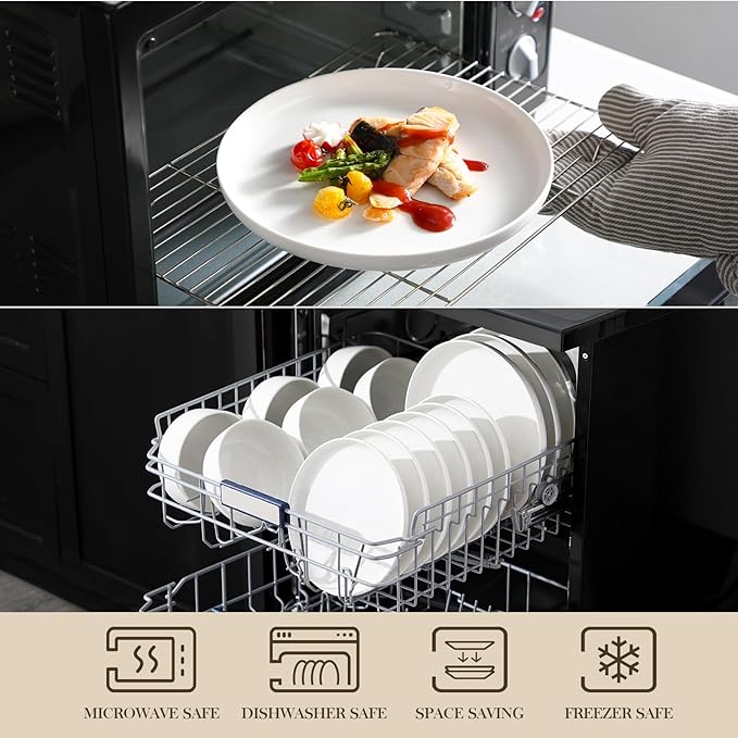MALACASA Plates and Bowls Sets, 18 Pieces Porcelain Dinnerware Sets Dishware Sets Chip Resistant Ceramic Dish Set Dining Dinner Ware Service for 6, White, Series LUNA