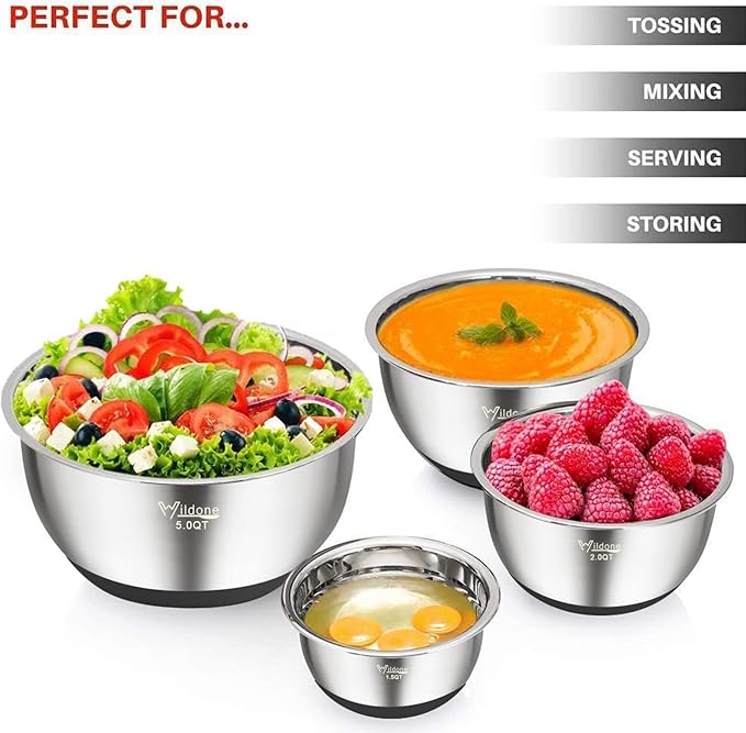 Wildone Mixing Bowls with Airtight Lids, Stainless Steel Nesting Mixing Bowls Set of 5, with Non-slip Silicone Bottoms, Size 8, 5, 3, 2, 1.5 QT, Stackable Design, Great for Mixing and Prepping