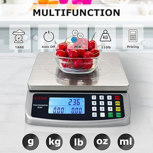 110lb/50kg Food Scale, Large Digital Kitchen Scale with Tray, 304 Stainless Steel, Commercial Price Computing Scale, Counting Scale for Baking, Cooking, Meat, Industry, Counting, Adapter Included