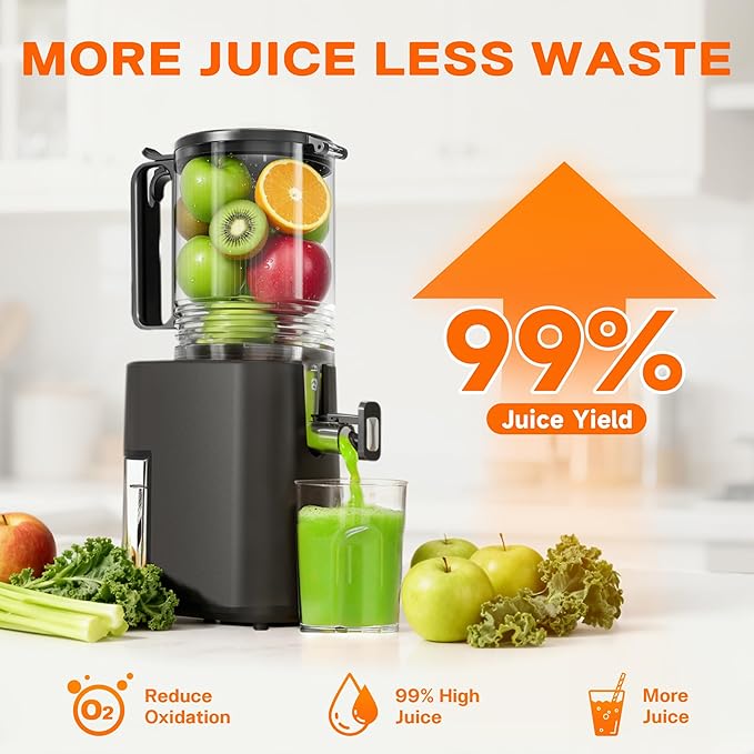 Cold Press Juicer, 5.5inch Wide Feed Chute Juicer Machine, Slow Masticating Juicer for Whole Vegetables & Fruits, Gray
