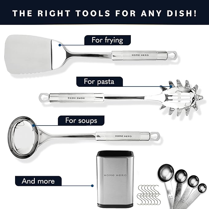 Home Hero 32-Piece Stainless Steel Kitchen Utensil Set - Heat-Resistant Nonstick Silicone Tools - Durable Stainless Steel Cooking Tools - Measuring Cups & Spoons with Holder - 32 Pc, Silver