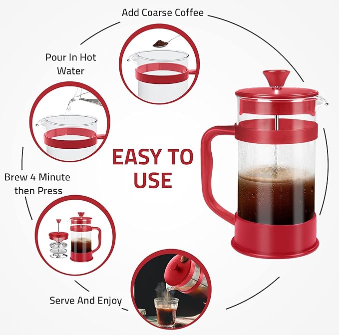 Utopia Kitchen 34 Ounce 1 Liter French Press Coffee Maker, Tea Maker, Travel Coffee Presses, Heat Resistant Thickened Borosilicate Coffee Pot for Camping Travel Gifts, Red Pack of 1