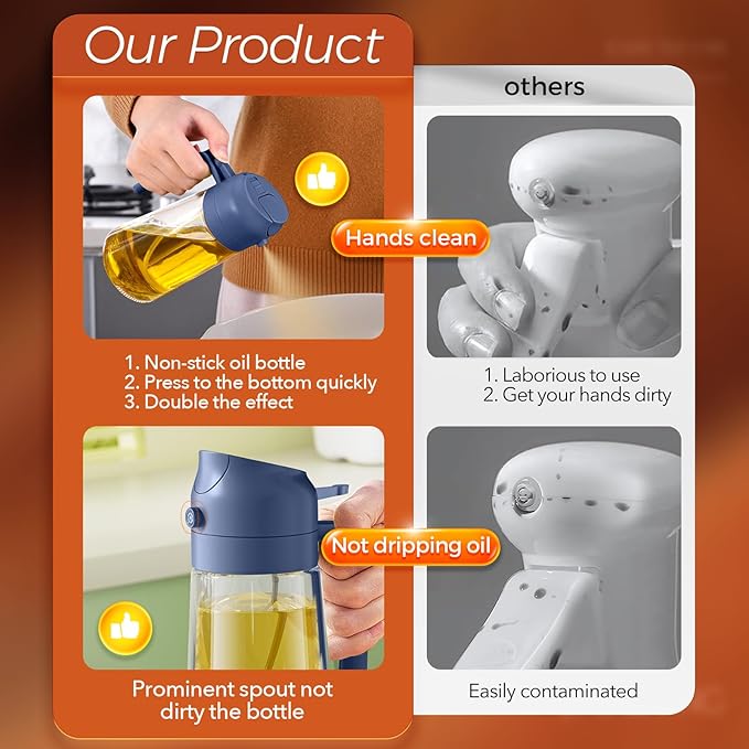 YARRAMATE 16oz/470ml Glass Olive Oil Sprayer for Cooking with Stickers, 2 in 1 Oil Dispenser for Kitchen Gadgets, Food Grade Premium Spray Bottle with Portion Control for Salad, BBQ (Navy)