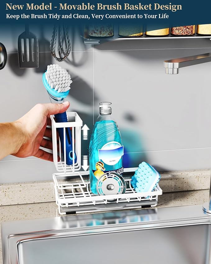 Consumest Sponge Holder for Kitchen Sink - Sink Caddy Organizer with Removable Drip Tray for Countertop Dish Soap Dispenser Brush Storage Kitchen Accessories 304 Stainless Steel, White