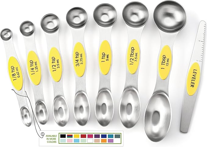 Spring Chef Yellow Stainless Steel Magnetic Measuring Spoons Set of 8 with Leveler, Dual Sided Metal Teaspoon & Tablespoon Measuring Spoons, Kitchen Gadgets for Baking & Cooking, Fits in Spice Jars