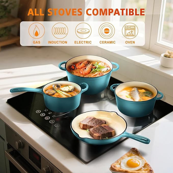 Hisencn Enameled Cast Iron Cookware Set - 7 Piece Set of Dutch Ovens, Sauce Pan, Skillet, 3 Lids, Dutch Oven Set, Ceramic Coated Cast Iron, Heavy Duty, Gas/Induction Compatible (Teal)