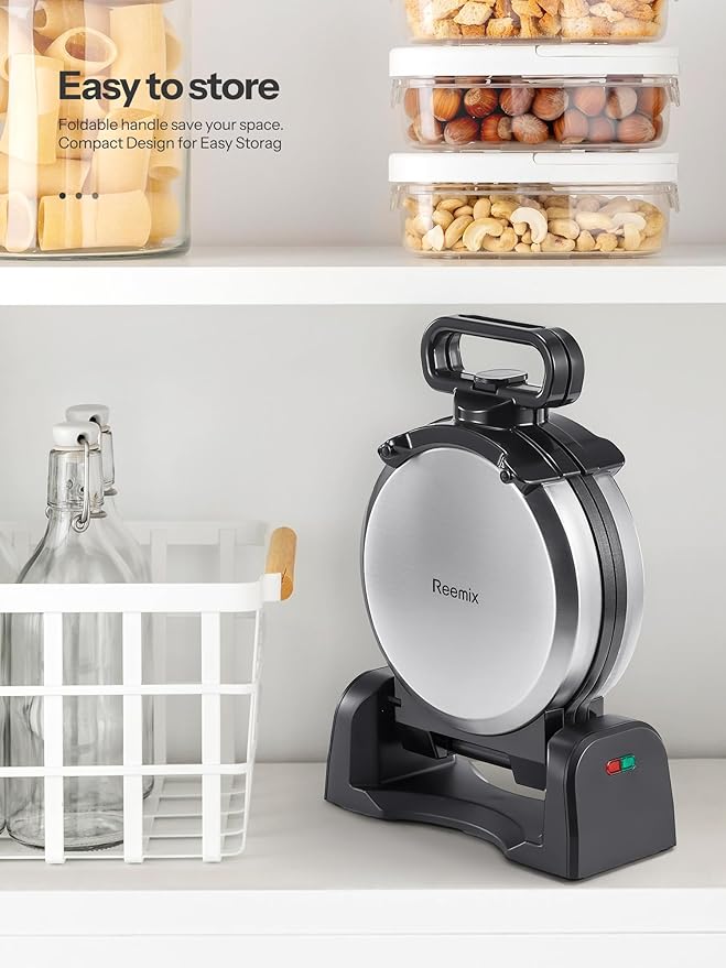 Waffle Maker, Round Classic Belgian Waffle Iron with 180°Rotating Design, Nonstick Plates & Cool Touch Handle, 1080W Fast Heating Waffle Machine, Brushed Stainless, Silver (4 Slices)