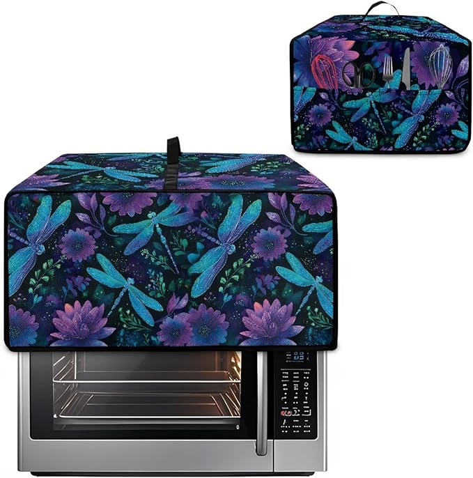 Dragonfly Lotus Print Toaster Oven Cover Compatible with Most Toaster Ovens, Heavy Duty Dust-proof Microwave Oven Cover for Kitchen Counter, Purple (Small-14.5 * 18.46 * 9 inches)