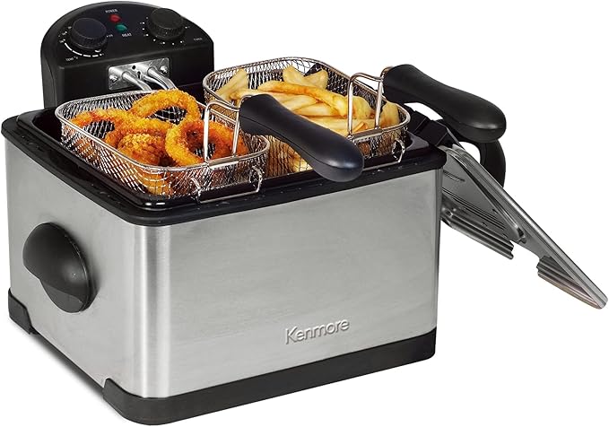 Kenmore Electric Deep Fryer - Grease & Odor Filtration, Simple Temperature Control, Eléctrica Freidoras For Home Use, 3 Baskets For Frying French Fries, Chicken Wing, 4 Liter Capacity Stainless Steel