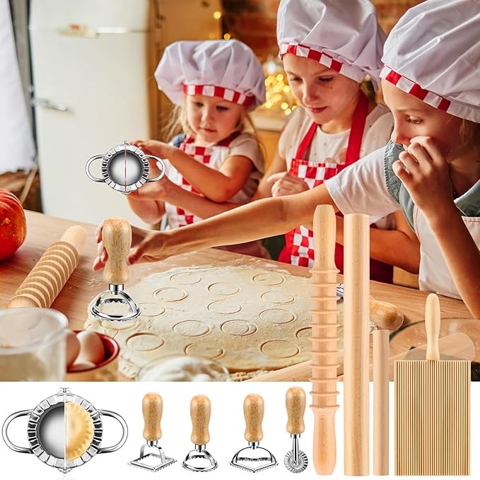 9 Pcs Gnocchi Pasta Making Tools kit - Gnocchi Board, Pasta Cutter, Ravioli Stamp, Wood Threaded Pasta Roller Pin Set, Noodle and Dumplings Maker, Homemade Kitchen Gift for Pasta Lovers