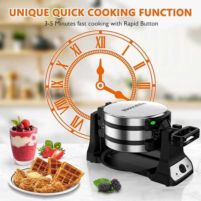 Waffle Maker, 1400W Belgian Waffle Maker, Double Waffle Iron 180° Flip, Rotating Nonstick Plates, Adjustable Browning Control, Locking Buckle & Cool Touch Handle, Removable Drip Tray, Stainless Steel