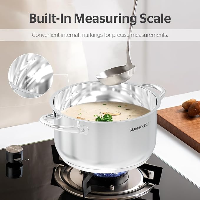 SUNHOUSE 8 Quart Stock Pot with Lid - 3-Ply Bottom Stainless Steel Pasta Cooking Canning Dutch Oven Pot - Induction Compatible for All Stovetops - Dishwasher Safe & Oven Safe