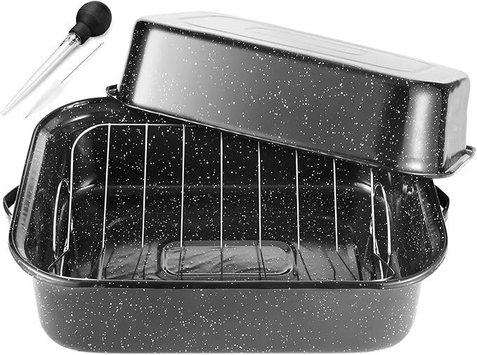JY COOKMENT Roasting Pan With Lid and Rack, 21' Rectangular, 25lb Turkey Roaster Pot, Large Oven Roaster Tray, V-Rack and Versatile Lid Bone Turkey Baster