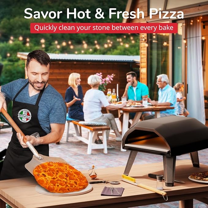 26” Pizza Oven Brush with Stone Scraper - Heat Resistant Stainless Steel Bristles, Extra Long Handle - Compatible with Ooni Ovens - Includes Spare Head