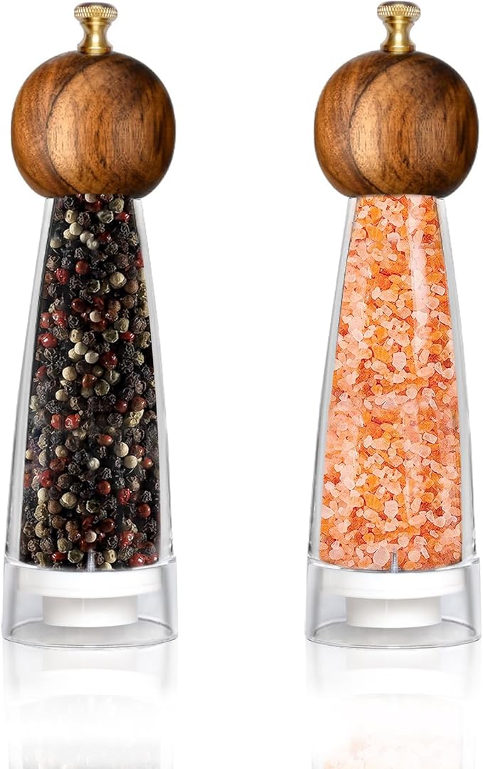 Pepper Mill Manual Salt and Pepper Grinder Set, Classic Transparent Pepper Grinder Salt Mills 2pcs 8in，Solid Wood Hand Shaker Rotor Pepper Salt Grinder Ceramic Core Adjustable Coarseness Spices
