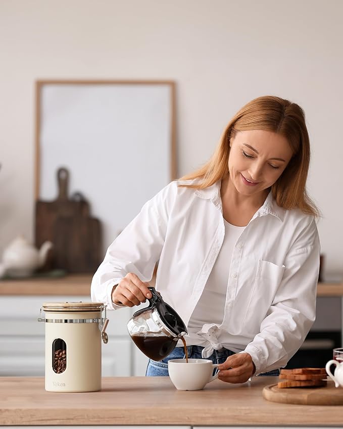 Veken Coffee Sugar Canister with Window, Coffee Lover Gift Set,Airtight Stainless Steel Kitchen Food Storage Container Gifts, Date Tracker & Scoop for Grounds Coffee,Beans,Tea,Flour,Cereal,22OZ,Cream