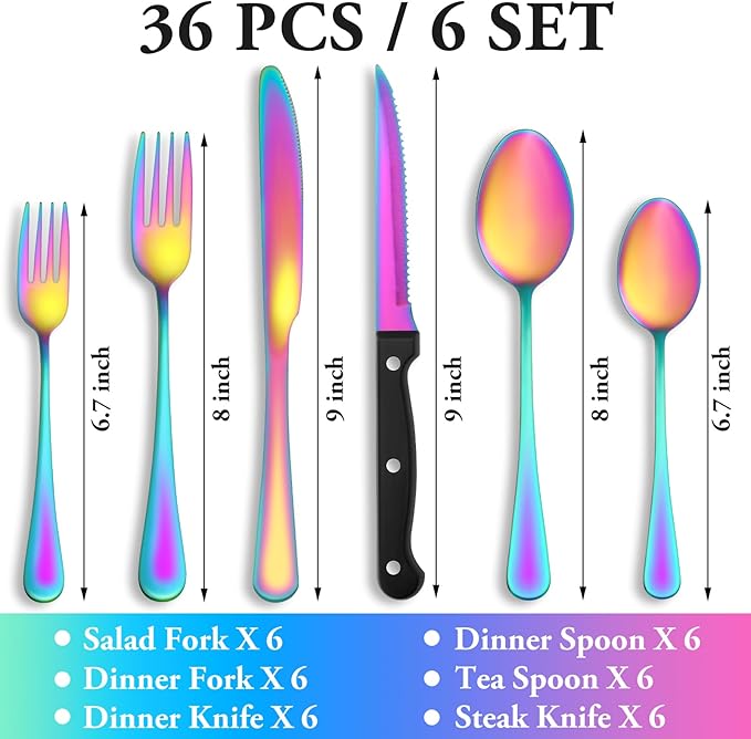 36 Pcs Rainbow Silverware Set with Steak Knives Service for 6,Stainless Steel Flatware Set,Mirror Polished Cutlery Utensil Set, Kitchen Eating Tableware,Include Fork Knife Spoon Set,Dishwasher Safe
