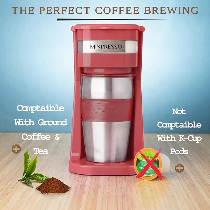Mixpresso Red Personal Single Serve Coffee Maker with 14oz Travel Mug, Drip Small Coffee Maker with Auto Shut Off, Reusable Filter, Works with Ground Coffee Only – Not for K-Cup Pods