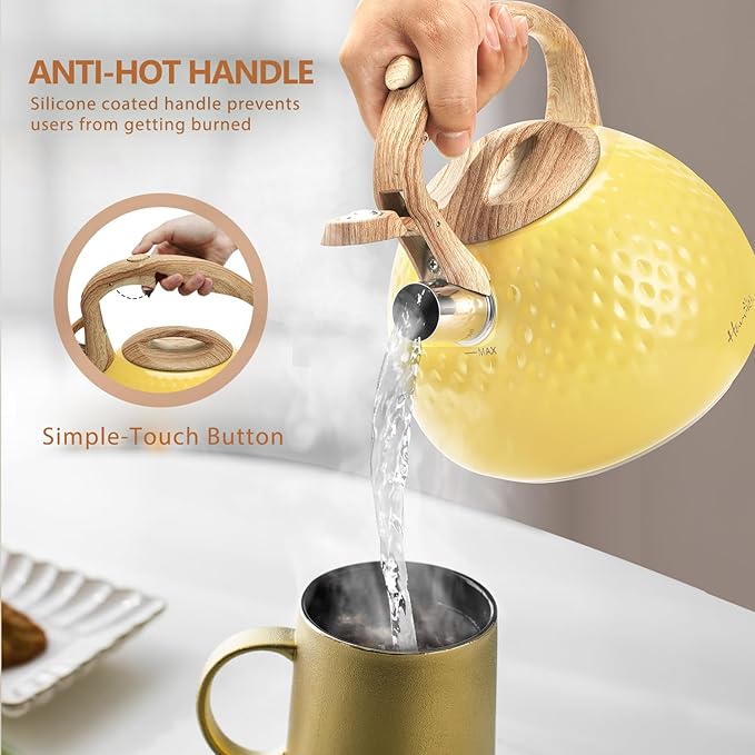 harriet Tea Kettle, Tea Pot for Stovetop, 2.5QT Whistling Kettle with 5-Layers bottom, Food Grade Stainless Steel Kettles with Hot-Resistant Handle Gas Electric Applicable, Yellow