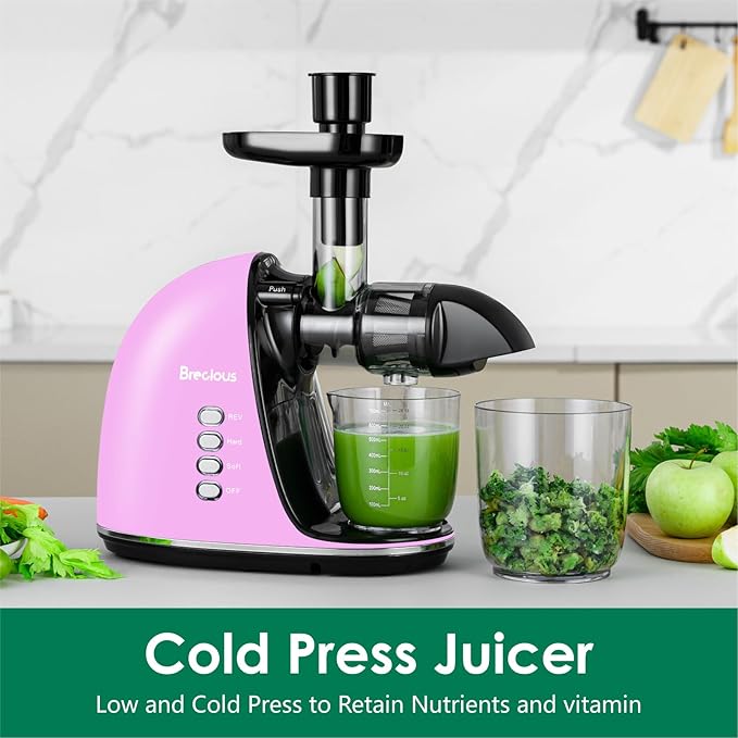 Slow Masticating Juicer,Brecious Cold Press Juicers with 2 Speed Modes & Quiet Motor,Juicers Machines Vegetable and Fruit with Reverse Function,Celery Juicer,BPA-Free,Easy to Clean (Purple）