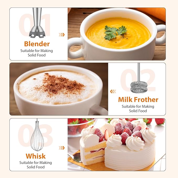 KOIOS Immersion Blender, 1000W Anti-scratch 3-in-1 Hand Blender, Upgraded 12 Speed Stainless Steel Blade Stick Blenders with Turbo Mode, Whisk and Milk Frother, Non-BPA