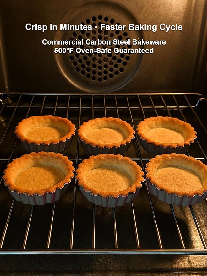 4 Inch Mini Quiche Pans Gold 6 Pack. Egg Tart Molds w/Removable Bottom, Non-Stick Coating, Rugged Carbon Steel for Small Tart Quiche Pie Making. Gift for Women Christmas Thanksgiving Festival