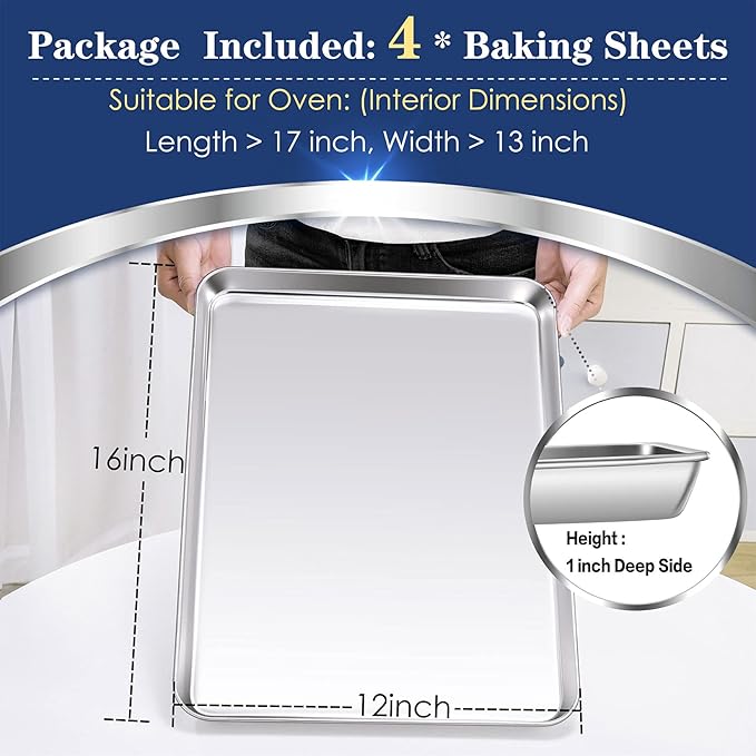 P&P CHEF 16 Inch Baking Cookie Sheet, Oven Pan Tray Stainless Steel Sheet Pan for Kitchen, Oven Bakeware for Multi Uses, Shiny Look & Dishwasher Safe, Healthy & Heavy Duty, 4Pcs