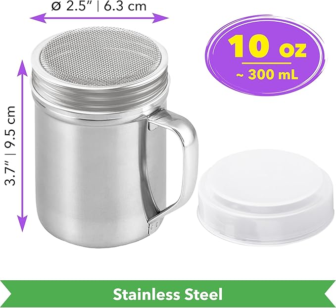 CUSINIUM Powdered Sugar Shaker Duster - With Handle - Cinnamon Shaker For Coffee Bar - Fine Mesh Dredge - 10 ounce | Style: Fine