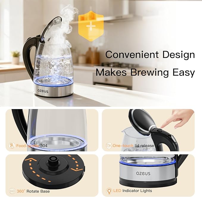 AZEUS Fast Boil Electric Water Kettle, 1.8L Large Capacity with Auto Shut-Off and Boil-Dry Protection, BPA-Free Borosilicate Glass &Stainless Steel