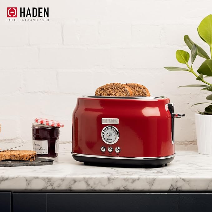 Haden Dorset 2 Slice Wide Slot Stainless Steel Toaster with Adjustable Browning Control & Non-Slip Feet, Rectory Red