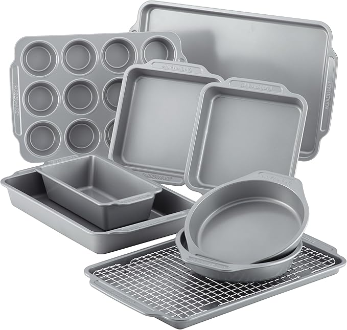 Farberware Nonstick Steel Bakeware Set with Cooling Rack, Baking Pan and Cookie Sheet Set with Nonstick Bread Pan and Cooling Grid, 10-Piece Set, Gray