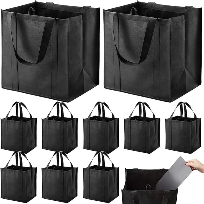NERUB Set of 10 Reusable Grocery Bags Heavy Duty Shopping Bags Large Grocery Totes with Reinforced Bottom Super Sturdy Handles, Black