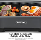 CUSIMAX Smokeless Grill, Electric Indoor Grill, 1500W Korean BBQ Grill with Non-stick Removable Grill/Griddle Plate, LED Smart Display & Tempered Glass Lid, Grey