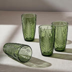 Vintage Green Drinking Glasses Set of 4, 16 oz Handcrafted Glass Tumblers, Heavy Textured Highball Cups, Fern Embossed Antique Colored Glassware, Retro Boho Aesthetic Drinkware, Housewarming Gift Set