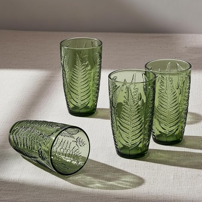 Vintage Green Drinking Glasses Set of 4, 16 oz Handcrafted Glass Tumblers, Heavy Textured Highball Cups, Fern Embossed Antique Colored Glassware, Retro Boho Aesthetic Drinkware, Housewarming Gift Set
