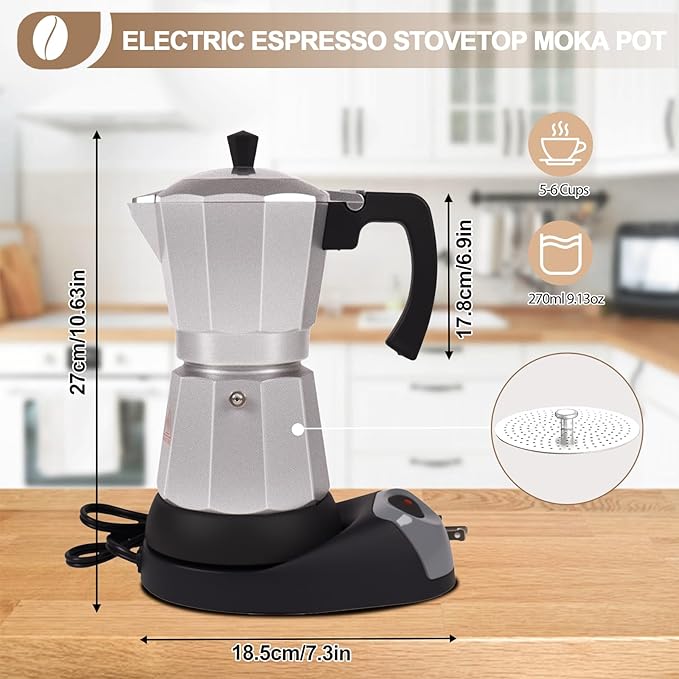 Aluminum Electric Moka Pot 5-6 Cup 270ml Express Coffee Maker Stovetop Espresso Portable Coffeemaker Italian Classic Brewing Greca Cafe Mocha with Removable Base and Overheating Protection Machine
