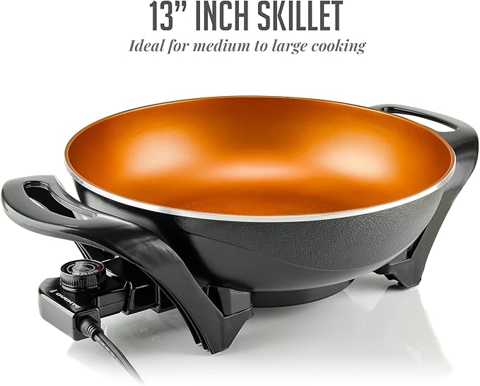 OVENTE Electric Wok with Nonstick Coating, 13 Inch Family-Sized Skillet, 1400W Power, Adjustable Temperature, Tempered Glass Lid, Cool Touch Handles and Easy to Clean Frying Surface, Copper SK3113CO