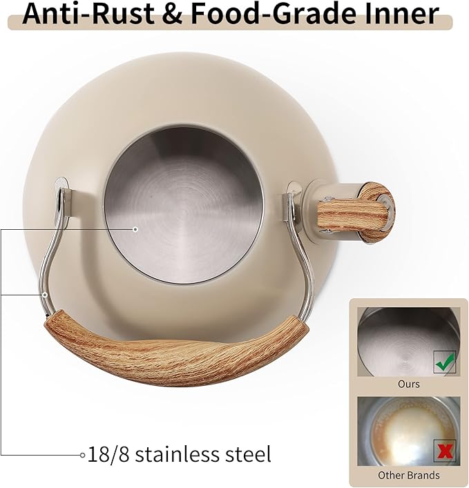 LONFFERY Tea Kettle for Stove Top, 2.5 Quart Whistling Tea Kettle, with Food Grade Stainless Steel and Wood Pattern Folding Handle, Creamy White