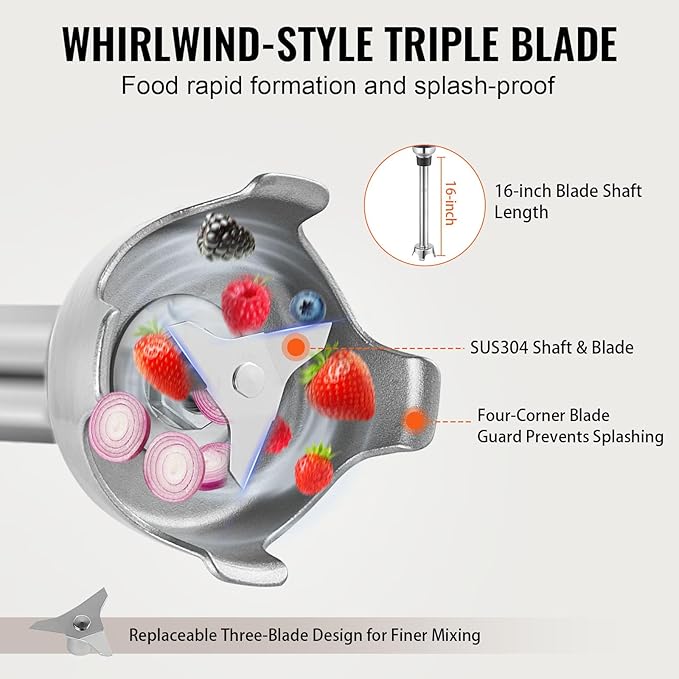 VEVOR Commercial Immersion Blender, 350W Heavy Duty Hand Mixer, 16 inch Stepless Variable Speed Mixer with Stainless Steel Blade, Multi-Purpose Portable Mixer for Soup, Sauces, Mashed Potatoes, Cream